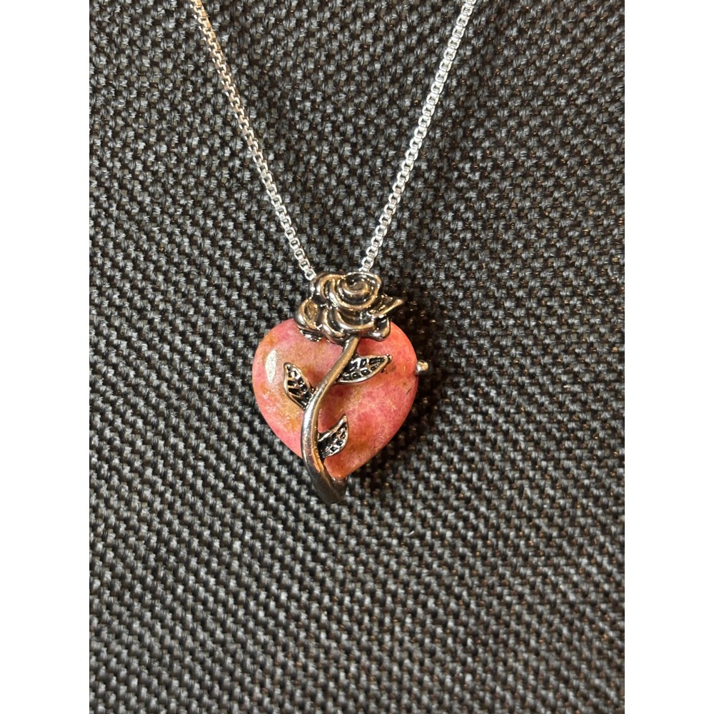Rhodonite Heart Rose Pendant Necklace Stainless Steel Box Chain Pink Silver Tone